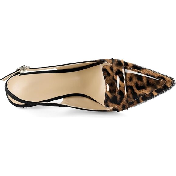 Women Leopard 1 Stiletto Beaded Shoes Pointed Toe Slip On Loafers Slingback Heel - Picture 6 of 6